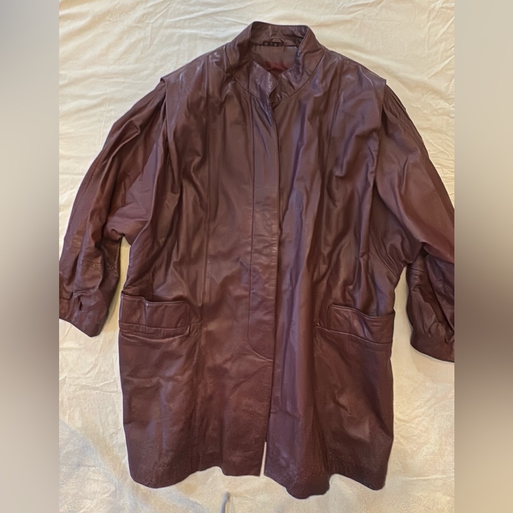 Women's Burgundy Oversized Funnel Neck Leather Jacket